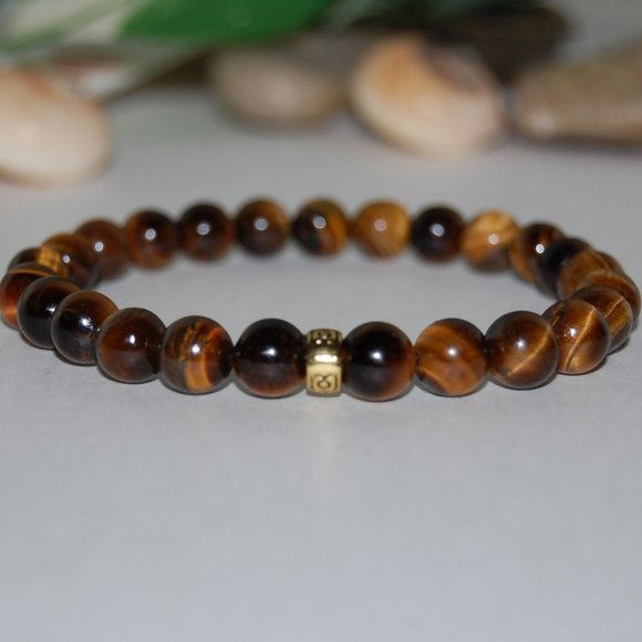 Tiger Eye Bracelet,Tiger Eye Gemstone and Golden Charm,Tiger Eye 8mm Bea… - Picture 1 of 3